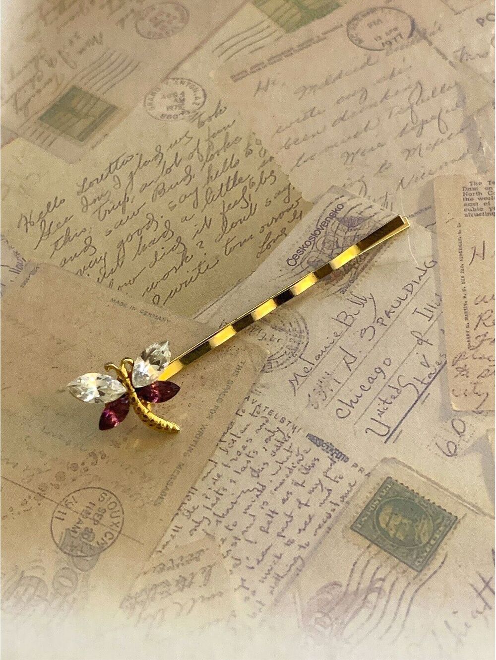 Vintage Elegant Gold-Tone Dragonfly Hair Pin with Sparkling Crystals